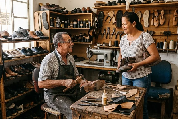 Cliente conversando com um sapateiro em Vitória da Conquista sobre serviços de conserto.