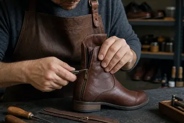 Sapateiro consertando o zíper de uma bota em Vitória da Conquista.