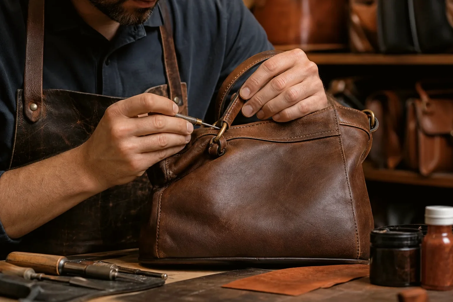 Sapateiro reformando uma bolsa de couro em Vitória da Conquista.